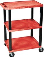 Luxor WT34RS Tuffy AV Cart 3 Shelves Black Legs, Red; 18"D x 24"W shelves 1 1/2"thick; 1/4" safety retaining lip; Raised texture surface to enhance product placement and ensure minimal sliding; Legs are 1 1/2" square; Four 4" silent roll, full swivel ball, heavy duty 4" casters, two with locking brake; Clearance between shelves is 12"; UPC 847210006879 (WT-34RS WT 34RS WT34-RS WT34 RS) 