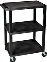 Luxor WT34S Tuffy AV Cart 3 Shelves Black Legs, Black; 18"D x 24"W shelves 1 1/2"thick; 1/4" safety retaining lip; Raised texture surface to enhance product placement and ensure minimal sliding; Legs are 1 1/2" square; Four 4" silent roll, full swivel ball, heavy duty 4" casters, two with locking brake; Clearance between shelves is 12"; UPC 812552010938 (WT-34S WT 34S WT34) 
