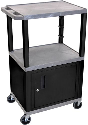 Luxor WT42GYC2E-B Tuffy AV Cart 3 Shelves Black Legs, Gray; Includes steel cabinet made of 20 gauge steel; Includes lock with a set of two keys; Includes electric assembly with 3 outlet 15 foot cord with cord management wrap and three cable management clips; Recessed chrome handle and cable management access in back cabinet panel; UPC 847210006947 (WT42GYC2EB WT42GYC2E WT-42GYC2E-B WT42-GYC2E-B WT42)