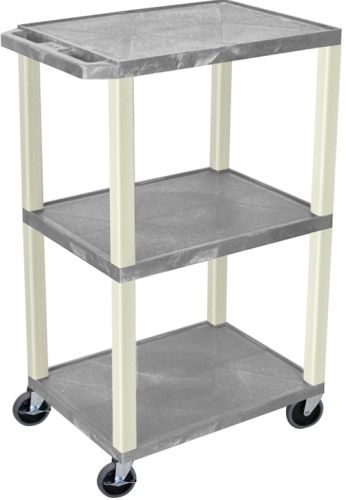 Luxor WT42GYE Tuffy AV Cart 3 Shelves Putty Legs, Gray; Includes electric assembly with 3 outlet 15 foot cord with cord management wrap and three cable management clips; 18