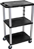 Luxor WT42-N Tuffy AV Cart 3 Shelves Nickel Legs, Black; 18"D x 24"W shelves 1 1/2"thick; 1/4" safety retaining lip; Raised texture surface to enhance product placement and ensure minimal sliding; Legs are 1 1/2" square; Four 4" silent roll, full swivel ball, heavy duty 4" casters, two with locking brake; Has 3 shelves, 42"H; Easy assembly; Made in USA; UPC 812552016732 (WT42N WT42 WT-42-N WT 42-N) 