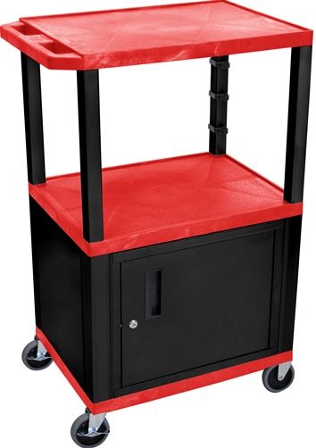 Luxor WT42RC2E-B Tuffy AV Cart 3 Shelves Black Legs, Red; Includes steel cabinet made of 20 gauge steel; Includes lock with a set of two keys; Includes electric assembly with 3 outlet 15 foot cord with cord management wrap and three cable management clips; Recessed chrome handle and cable management access in back cabinet panel; UPC 847210006930 (WT42RC2EB WT42RC2E WT-42RC2E-B WT 42RC2E-B WT42-RC2E-B WT42)