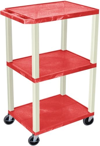 Luxor WT42RE Tuffy AV Cart 3 Shelves Putty Legs, Red; Includes electric assembly with 3 outlet 15 foot cord with cord management wrap and three cable management clips; 18