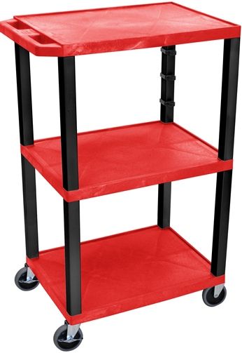 Luxor WT42RE-B Tuffy AV Cart 3 Shelves Black Legs, Red; Includes electric assembly with 3 outlet 15 foot cord with cord management wrap and three cable management clips; 18