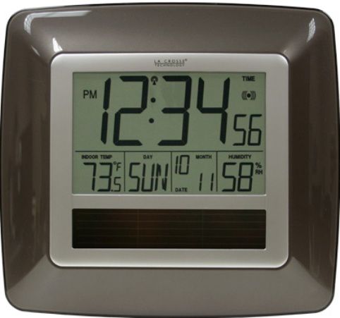 La Crosse Technology WT-8112U Solar Atomic Digital Wall Clock with Indoor Temp / Humidity, 14.1°F to 139.8°F ; -9.9°C to 59.9°C Indoor temperature range, 20% to 95 Indoor humidity range, Solar-powered atomic digital wall clock, Monitors indoor temperature °F or °C, Monitors indoor humidity, Atomic time and date with manual setting, Automatically updates for Daylight Saving Time - on/off option, UPC 757456988405 (WT8112U WT-8112U WT 8112U)