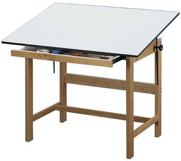 Alvin WTB42 Titan Natural Finish Oak Drafting Table, Height, 31in x 42in Top, 1 Drawer, The top is crafted of 3/4in warp-free white Melamine, A one-handed tilt mechanism enables you to quickly adjust the top angle from 0 to 45 degrees, For most drafting environments, For conveniently stowing tools and supplies, UPC 088354996125 (WTB-42 WTB 42 WTB42 WT-B42 ALV-WTB42)