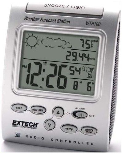Extech WTH100 Radio Controlled Wireless Clock with Weather Station, Large backlit LCD displays Time, Temperature, Barometric Pressure, Weather Symbols (sunny, slightly cloudy, cloudy, rainy, stormy) and Moon phase, Selectable barometric pressure in mb/hPa or inHg, Automatically adjusts for daylight savings time (DST), UPC 793950441008 (WTH-100 WTH 100)