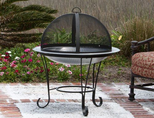 Well Traveled Living 02113 Stainless Steel Cocktail Fire Pit, 30 solid stainless steel fire bowl, Black powder coated decorative stand, One piece dome fire screen with high temperature paint, Hammered finish, Screen lift tool and wood grate included, UPC 690730021132 (WTL02113 WTL-02113 02-113 021-13 2113)