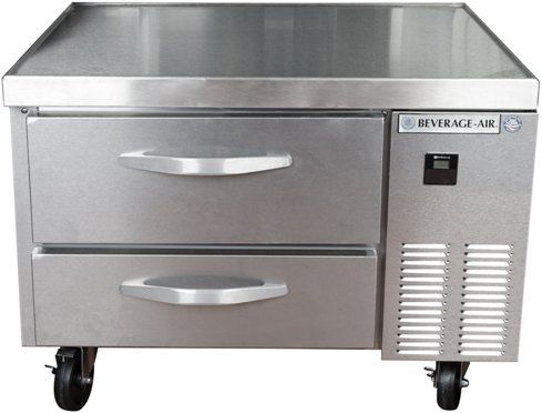 Beverage Air WTRCS36-1  Refrigerated Chef Base, 4.5 Amps, 60 Hertz, 1 Phase, 115 Volts, Drawers Access Type, Refrigerator Base Style, 8.5 cu. ft. Capacity, Side Mounted Compressor, 1/5 HP Horsepower, 2 Number of Drawers, 33 - 40 Degrees F Temperature Range, Drip guard, Heavy duty work flow handles, 12 gauge stainless steel construction, Refrigerated drawers, Telescoping drawer slides provide maximum support for stored product, 26.75