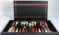 WorldWise Imports 26501 Modern Black and Red Backgammon, Made of black matte finished wood with red and white lines, Decoupage surface provides an elegant refined look, Includes red and ivory coins with 2 plastic cups, 16" - 20" Set Size, 19" x 19" Board Dimensions , 23.2" L x 19.3" W x 2.25" H Open board dimensions, UPC 035756272012 (26501  WORLDWISEIMPORTS26501 WORLDWISEIMPORTS-26501 WORLDWISEIMPORTS 26501) 
