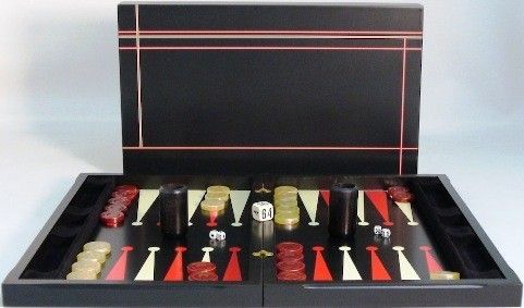 WorldWise Imports 26501 Modern Black and Red Backgammon, Made of black matte finished wood with red and white lines, Decoupage surface provides an elegant refined look, Includes red and ivory coins with 2 plastic cups, 16