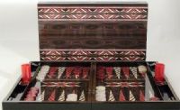 WorldWise Imports 26502 Native Red and Ivory Backgammon Set, Decoupage surface provides an elegant refined look, 23L x 19W x 2.25H in Open board dimensions, 16" - 20" Set Size, 19" x 19" Board Dimensions, Includes red and ivory coins with 2 plastic cups, Made of walnut stained wood with red and ivory native styling, UPC 035756272005 (26502 WORLDWISEIMPORTS26502 WORLDWISEIMPORTS-26502 WORLDWISEIMPORTS 26502) 