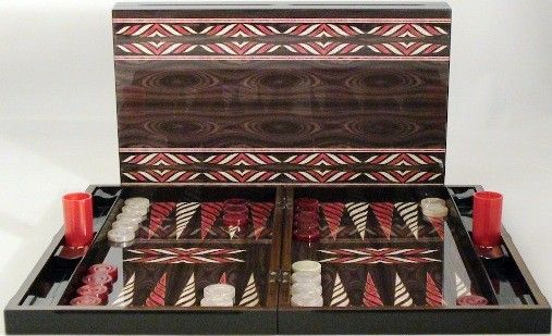 WorldWise Imports 26502 Native Red and Ivory Backgammon Set, Decoupage surface provides an elegant refined look, 23L x 19W x 2.25H in Open board dimensions, 16