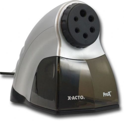 X-Acto X-1612 ProX, Electric Sharpener; Commercial grade, heavy-duty sharpener; Features SmartStop feature and blue LED light; Ideal for fast, quiet, classroom sharpening; Black/silver body; Dimension 10.50