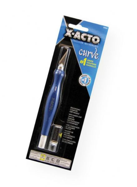 X-Acto X-3035Q Curve Number 1 Knife Blue; Contoured, rubberized, no-slip grip for added comfort and detailed cutting; Anti-roll body design; Includes number 11 blade and safety cap; For easy, precision cutting of paper, plastic, balsa, thin metal, cloth, film, and acetate; Shipping Weight 0.07 lb; Shipping Dimensions 2.75 x 0.64 x 8.75 in; UPC 079946030358 (XACTOX3035Q XACTO-X3035Q CURVE-X-3035Q X-ACTO-X3035Q X3035Q ARTWORK CRAFT)