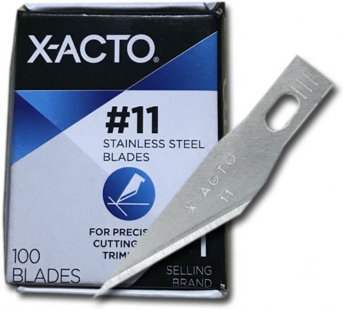 X-Acto X621 No. 11 Stainless-Steel Blade, 100 Blades Per Box; The X-ACTO No. 11 Classic Fine Point knife blades are the perfect accessory to a true tool of precision; When elaborate, detailed cuts need to be made, the No. 11 blade is the one to choose; Dimension 5.25