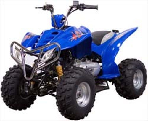 X-Treme XA-150 Gas Powered ATV, Blue, 4 stroke 150cc Gas Engine, One 12 Volt Battery, Compression Ratio 6.7:1, Speed 40+ MPH, 70 Miles Per Gallon, Tank Capacity About 2 Gallons, Reverse Gear, Electric Start And Kick Start, Chain drive, Suggested Max Weight 350 lbs (XA150BLU XA150-BLU XA150 XA 150)