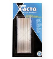 X-Acto X-75330 Metal Mitre Box; Slotted sides guide razor saw for accurate mitres of model parts, railroad track, moldings, and trim; Formed grooved base holds material in place in widths of 3/16", 5/32", 1.5", .125", 3/32", and 1/16"; Materials to be cut can be up to .875" deep; (Saw not included); Shipping weight  0.3 lb; Shipping Dimensions 9.5 x 3.5 x 1.00 in; UPC 079946095029 (XACTOX75330 XACTO-X75330 XACTO-X-75330 X-ACTO-X75330 TOOLS CARPENTRY) 