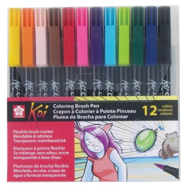 Koi XBR-12SA Coloring Brush 12-Pen Set; A convenient, no-mess way to add vibrant color to any sketch, journal, cartoon, illustration, or rubber stamp project; These pens perform similar to an artist brush; Make fine, medium, or bold brush strokes just by changing the amount of pressure to the nib; UPC 053482591771 (XBR12SA KOIXBR12SA KOI-XBR12SA KOI-XBR-12 PAINTING CARTOON)