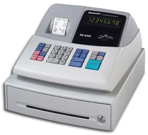 Sharp XE-A102 Remanufactured Small Business Cash Register, 8 digits, 7 segments with large, high contrast LED for easy viewing, 8 Pre-Programmed Departments, 80 price look-ups, 1.4 lines per second, 4 Clerk Numbers, Locking Cash Drawer with 4-slot bill, 5-slot removable coin tray, Drawer Slot, Security Key lock, Subdrawer (XEA102 XE A102 XEA-102)