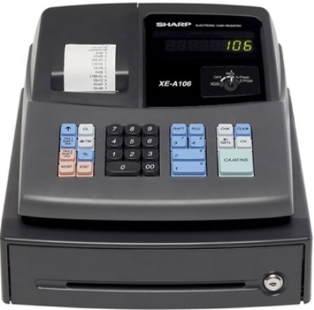 Sharp XEA106 Electronic Cash Register, 1.4 lines per second, 13 Digits, 8 Pre-Programmed Departments easily separates product, 80 Price Look-ups for fast print speed and quiet operation, Microban Keytops provide antimicrobial protection, Large Operator Display, 8 digit high contrast LED, Flash Reporting provides up-to-date sales analysis (XEA-106 XEA 106 XE-A106 XE A106)