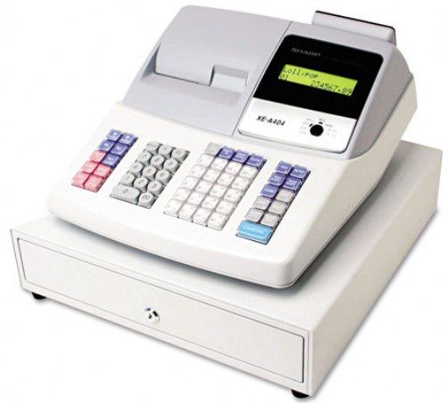 Sharp XE-A404 Cash Register, 99 departments, Alternative to XE-A402 XEA402, Gray, Memory protection, Alphanumeric display, Locking cash/coin drawer, Paper width 1 3/4 inches, Ribbon type thermal, Dual display, Backlit display, Locking cash/coin drawer (XEA404 XE A404)