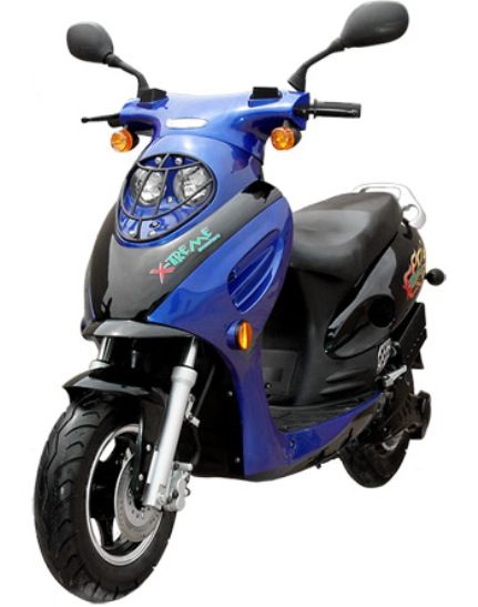 X-Treme XM-3000 BLU Electric Motorcycle, 3000 Watts, 55 AMP Max, 12 AMPS Only Draws At 20 MPH Cruising Speed, 60 Volts, 5 Full Size Batteries - 38 AMPS each Batteries, 3.50 x 10 at 36 PSI Tire Size, Smart Charger Included Charger, 50 Miles Max range at 25mph cruising speed, Electric speed switch on handle bars for states requiring lower speeds. Top speed at 43MPH*, Equipped With /Safety And Insulated Kick Stand Switch, Both Rear and Front Hydraulic DOT Disk Brakes, Blue Color (XM3000BLU XM 3000 