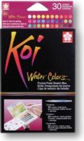 Koi XNCW-30N Watercolor Paint Pocket Field Sketch, 30-Color Set; Specially formulated half pan watercolors allow blending for an endless color range; Each set contains a brush with a unique water reservoir barrel to carry water in the kit, two dabbing sponges, and a heavy-duty case with a detachable, pegged palette; The snap lid also acts as an easel for postcard sized paper; Base pull down ring allows easy gripping of tray; UPC 084511399938 (KOIXNCW30N KOI XNCW30N XNCW 30N XNCW-30N) 