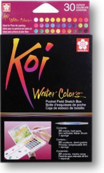 Koi XNCW-30N Watercolor Paint Pocket Field Sketch, 30-Color Set; Specially formulated half pan watercolors allow blending for an endless color range; Each set contains a brush with a unique water reservoir barrel to carry water in the kit, two dabbing sponges, and a heavy-duty case with a detachable, pegged palette; The snap lid also acts as an easel for postcard sized paper; Base pull down ring allows easy gripping of tray; UPC 084511399938 (KOIXNCW30N KOI XNCW30N XNCW 30N XNCW-30N)