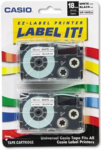 Casio XR-18WE2S 18mm Labelling Tape Black on White 2 Pack; Works with the following models: CW-L300, KL-100, KL-430, KL-7000, KL-7200, KL-750, KL-750B, KL-750BA, KL-780, KL-8100, KL-8200, KL-C500, KLP1000 (XR18WE2S, XR 18WE2S, 18WE2S, CASXR18WE2S XR18WE2 XR18WE XR18WES)