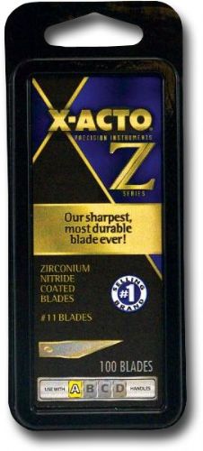 X-Acto XZ611 Z-Series No. 11 Zirconium Nitride-Coated Blades, 100 Blades Per Pack; X-Acto's sharpest and most durable blade; Atomically sharpened and zirconium nitride-coated; Stays sharper longer than standard No. 11 blades; Easily cuts plastic, balsa, thin metal, cloth, film and acetate; Blister-carded knife comes with a cap; UPC 079946006117 (XACTOXZ611 XACTO XZ611 XZ 611 XZ-611)
