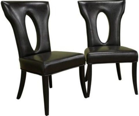Wholesale Interiors Y-632-001 Carisio Set of Two Dark Brown Dining Chair, Deep espresso brown bycast leather, Black wood legs with nonmarking feet, Bottom of seat lined with black material, Padded seating, tall back, Legs in stained black finish provide remarkable stability, Eye-catching oval cut-out design on the backrest, 18