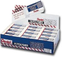 Pentel ZEH-10 Hi-Polymer, Eraser Display; 36 wrapped erasers in cardboard sleeve; A high-quality, small, white block eraser specially designed to lift lead markings off paper with very light pressure; Erases cleanly without scratching or tearing paper surface, and leaves no dust; UPC 072512027677 (PENTELZEH10 PENTEL ZEH10 ZEH 10 ZEH-10) 
