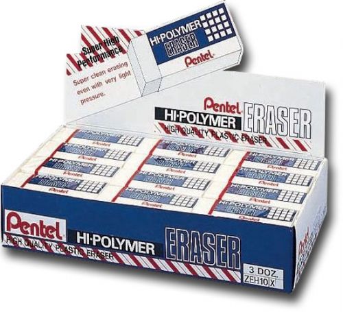 Pentel ZEH-10 Hi-Polymer, Eraser Display; 36 wrapped erasers in cardboard sleeve; A high-quality, small, white block eraser specially designed to lift lead markings off paper with very light pressure; Erases cleanly without scratching or tearing paper surface, and leaves no dust; UPC 072512027677 (PENTELZEH10 PENTEL ZEH10 ZEH 10 ZEH-10)