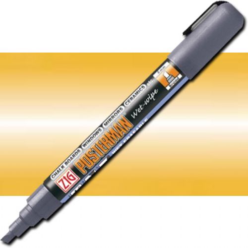 Zig PMA-550-101 Wet Erase Board Marker Metallic Gold; Wet erase markers suitable for various surfaces such as chalkboards, windows, mirrors, ceramics, etc; Broad 6mm chisel tip is great for writing steady, wide lines; Water-based pigment ink is high opacity, lightfast, odorless, and xylene-free; Metallic Gold; Dimension 0.79