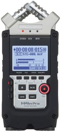 Zoom H4n Pro Handy Recorder; Four-tracksimultaneousrecording; High-fidelity micpreamps; Built-in X/Y stereo microphones, adjustable between 90and120; Record up to 140 dB SPL with X/Ymicrophones; Two mic/line level inputs with XLR/TRScomboconnectors; Stereo 1/8