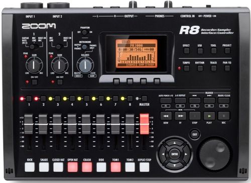 Zoom R8 Recorder/Interface/Controller/Sampler; 8-Track Playback, 2-Track Simultaneous Recording; Built-In Stereo Condenser Microphones; Records Directly To Sd And SDHC Cards Up To 32 GB; Records 16-Bit/24-Bit, 44.1 Khz/48 Khz Mono And Stereo Wav Files; Dual Mic/Line/Instrument Level Inputs On XLR/TRS Combo Connectors; UPC 884354009977 (ZOOMR8 ZOOM-R8 R-8 R 8) 