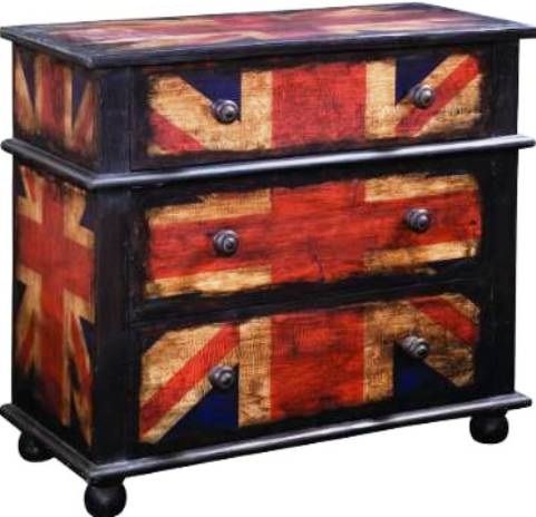 Bassett Mirror A2060EC Union Jack Chest, Hand Painted Features, Painted Flag Motif Finish, Wood Material, 3 Number Of Drawers, Rectangular Shape, Traditional Style, Dark Wood Wood Tone, 38