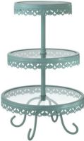 CBK Style 105025 Blue Three Tier Cake Stand, Three tiered metal and glass serving tray, 19" Tall, Scalloped edges and sculpted detailing, Makes a fantastic centerpiece or cupcake tray, UPC 738449255490 (105025 CBK105025 CBK-105025 CBK 105025) 