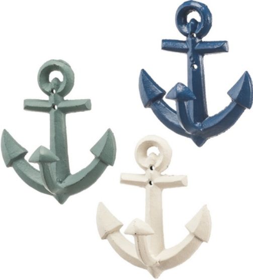 CBK Style 108764 Ship Anchor Wall Hooks, Decorating your home in chic nautical decor, Pre-drilled holes for easy installation, Cast iron hooks feature distressed painted finishes for a rustic, weathered look, Set of 6, UPC 738449262504 (108764 CBK108764 CBK-108764 CBK 108764)