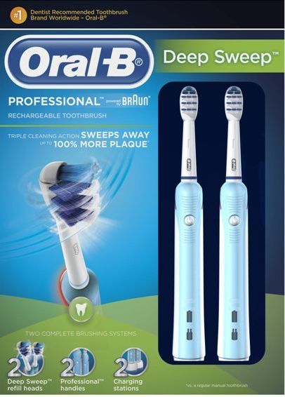 Oral-B DEEPSWEEP3000 Twin Pack Deep Sweep Electric Toothbrush; Inlcudes: 2 Complete Brushing Systems, 2 Waterproof Oral-B Professional Rechargeable Toothbrush Handles, 2 Oral-B Deep Sweep Refill Brush Heads, 2 Separate Portable Charging Stations,Visual Red Light ALERT Helps Prevent Harsh Brushing,  Quadrant Pacing Timer Signal prompts every 30 sec. to switch quadrants, Battery Charge Level Display, UPC 069055866344 (DEEPSWEEP3000 DEEPS WEEP 3000)