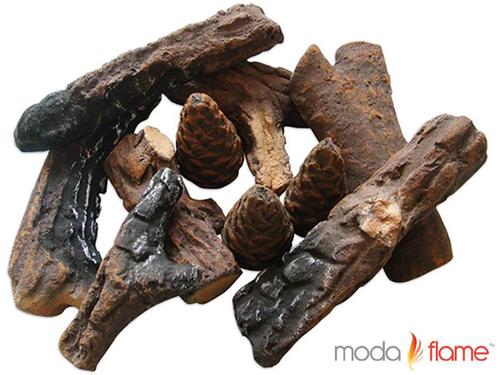 Moda Flame GBA1005 Ceramic Fireplace Wood Log Set - 9 PC; Shortest approximately 4 inches and longest approximately 9 inches; Imitation of wood brown Finish; For all Ethanol, Gel, Electric, and Gas Fireplaces; Set includes 6 logs and 3 pine cones, Shipping: 16Wx9Hx3D / 2 lbs;  UPC 799928943246 (GBA1005 GBA-1005 GBA10-05)