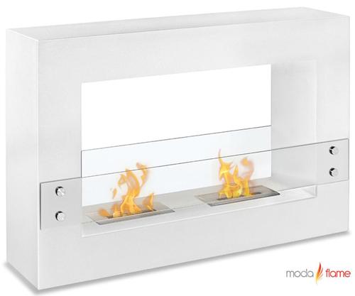 Moda Flame GF201300W Alcoi Contemporary Indoor Outdoor Bio Ethanol Fireplace in White; 2 x 1.5 Liter Dual Layer Burner made of 430 Stainless Steel; BTU: 12,000; Flame 12 - 14