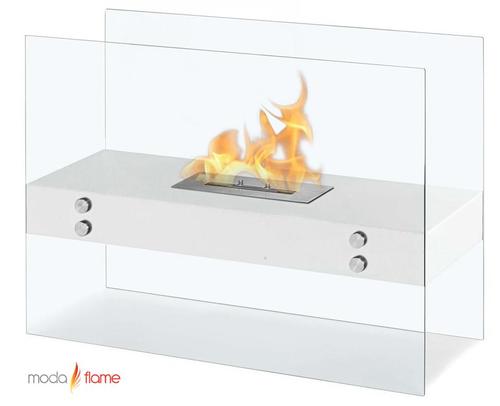 Moda Flame GF201500W Avila Contemporary Indoor Outdoor Ethanol Fireplace in White; 1 x 1.5 Liter Dual Layer Burner made of 430 Stainless Steel; BTU: 6,000; Flame 12 - 14
