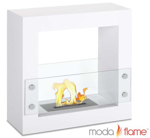 Moda Flame GF201600W Porta Free Standing Ventless Ethanol Fireplace White; 1 x 1.5 Liter Dual Layer Burner made of 430 Stainless Steel; BTU: 6,000; Flame 12 - 14