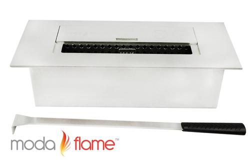 Moda Flame GFB4015 1.5L Indoor Outdoor Gel Fuel Ethanol Fireplace Burner Insert; Double Layered 430 Stainless Steel; BTU: 6,000; Flame 12 - 14 High; Burn Time: Approximately 6-8 Hours; Indoor or outdoor safe; Includes: Fireplace Insert, Extinguisher tool, User manual, 1 year limited warranty; Assembled Dimensions 11.8W x 3.2H x 4.9D  Inches; Product Weight 4 lbs; UPC 799928943079 (GFB4015 GFB-4015 GFB40-15)