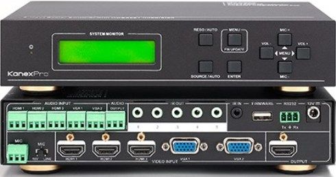 KanexPro HDSC51D Presentation Switcher and Scaler, 5-input Presentation Scaler Switcher with HDMI output, Auto-switching enabled, Selectable output resolutions supported: 1920x1200, 1920x1080, VGA video supports: C-video, YPbPr and VGA, Controllable via button, bi-directional IR & RS-232, Supports CEC & HDCP Compliant, 48V phantom power to support MIC, MIC port supports balance/unbalanced signals, UPC 814556016657 (HDSC51D HDSC-51-D HDSC 51 D) 