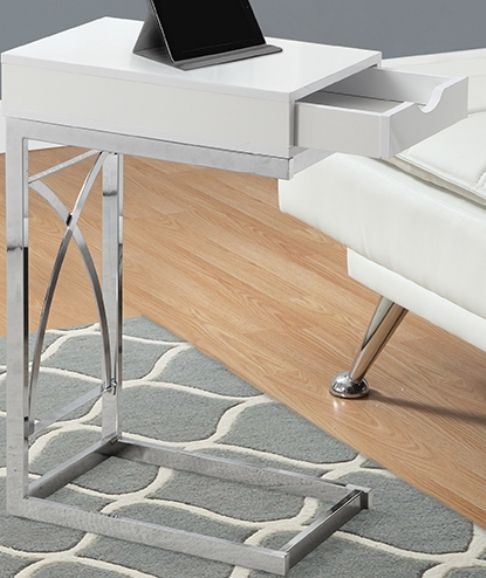 Monarch Specialty I 3170 Accent Table - Chrome Metal  - Glossy White with  Drawer, Sufficient surface space for drinks and snacks, Sturdy chrome metal base, Blends well with any decor, 16