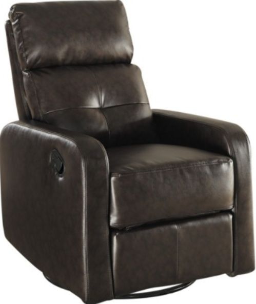 Monarch Specialties I 8085BR Dark Brown Bonded Leather Swivel Glider Recliner, Swivel, glide and recline functions, Padded head rest, Retractable footrest system, Padded head and arm rest, 19.75