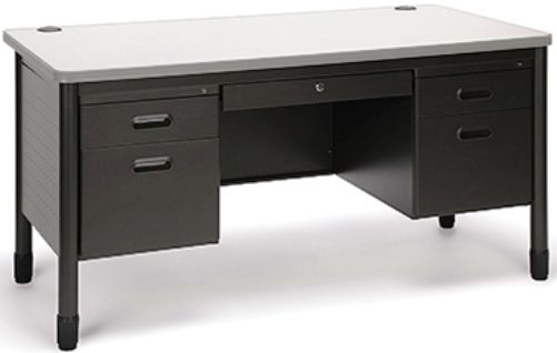 OFM 66360-GRYNB Double Pedestal Mesa Teacher Desk - Wood Grain Laminate, Locking center drawer, 23